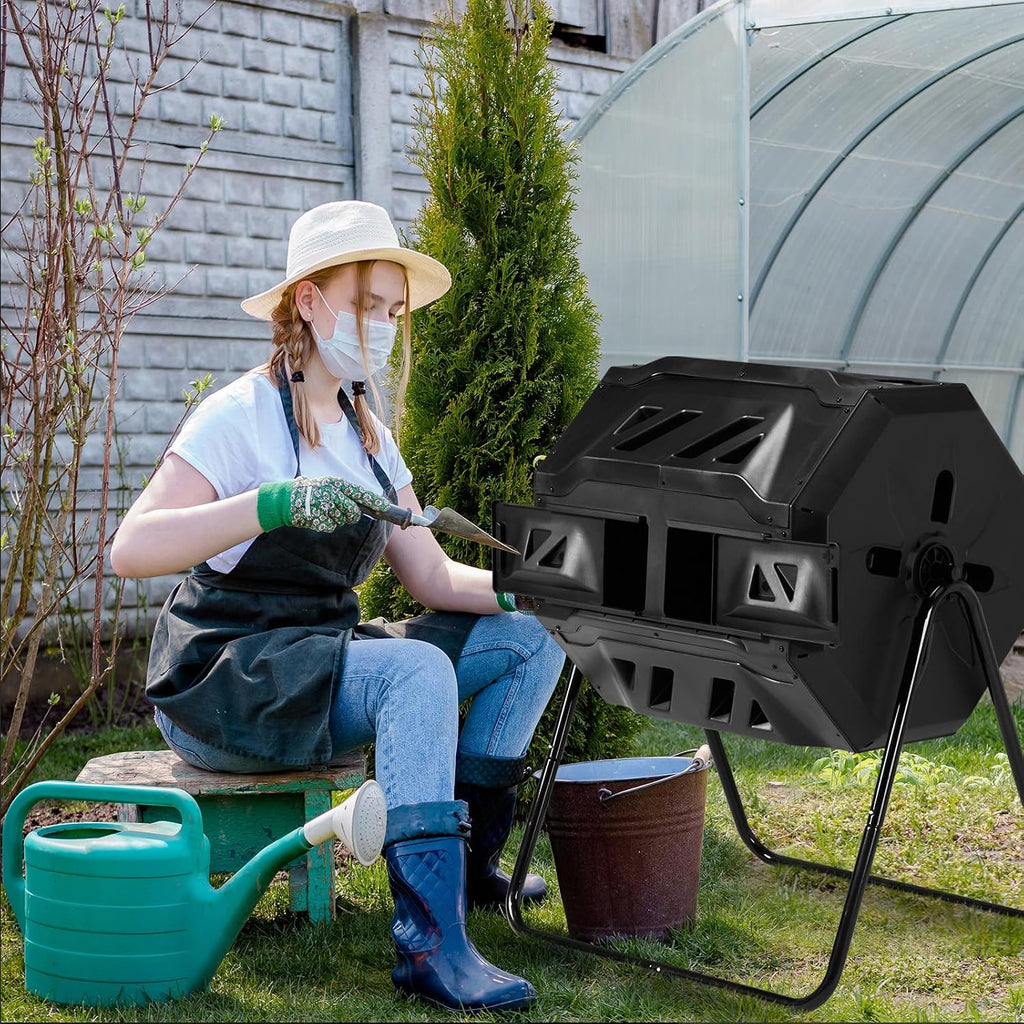 Outdoor Dual Chamber Compost Tumbler, 43 Gallon Black Rotating Batch Compost Bin with Sliding Doors for Garden