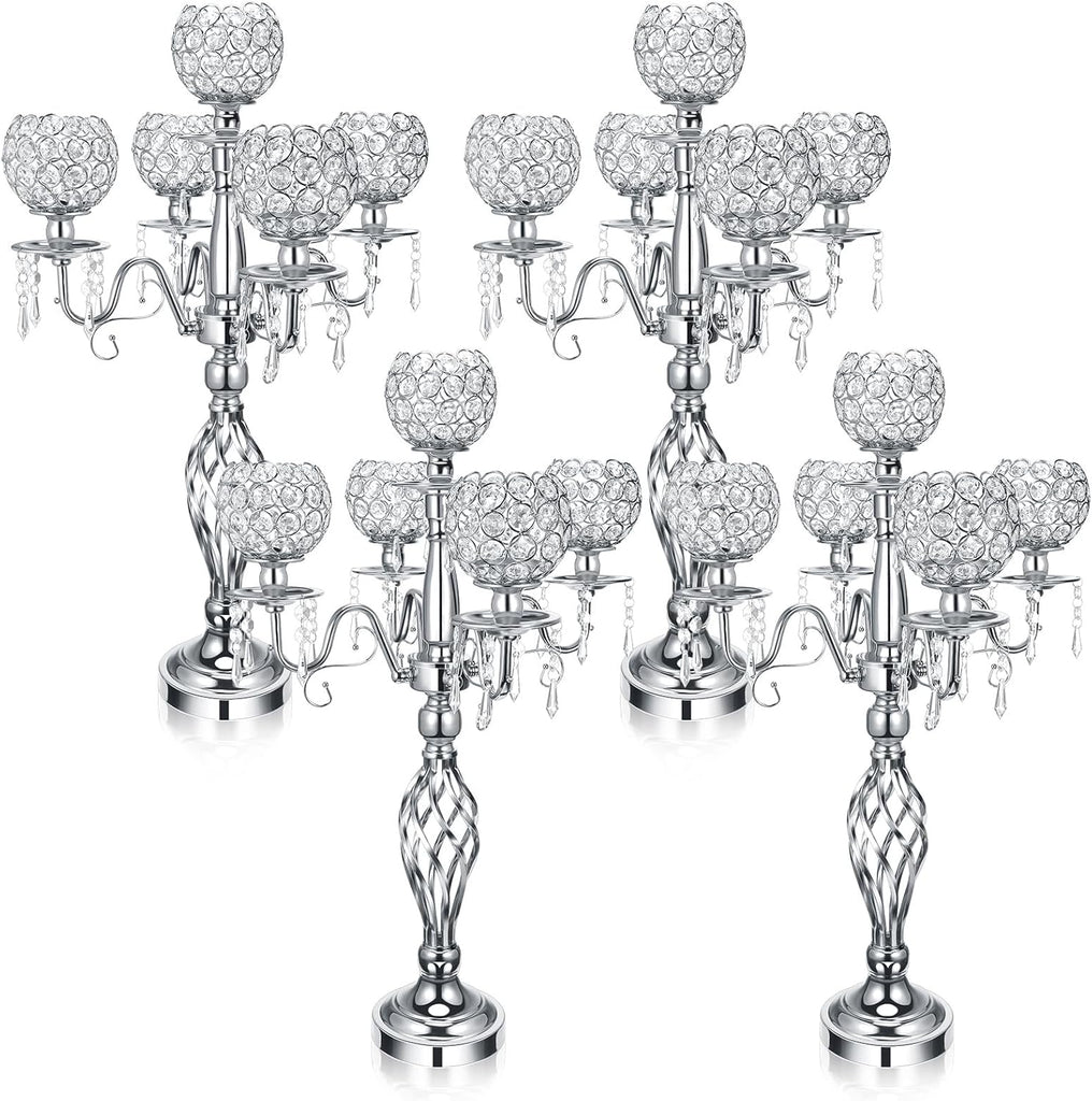 4 Pcs 5 Arm Crystal Candelabra Centerpieces for Table 27 Inch Retro Victorian Crystal Candle Holders Bowl Table