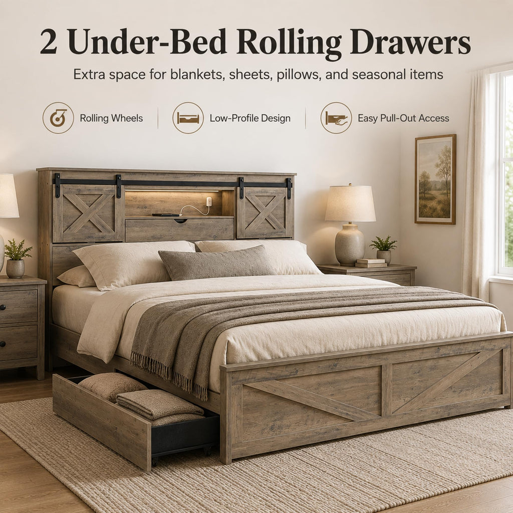 Farmhouse Bed Frame with Barn Door Headboard and Drawers, Grey