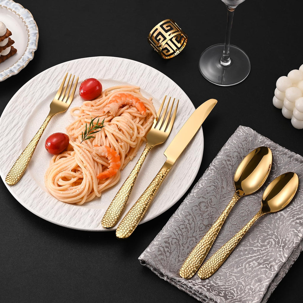 Gold Hammered Silverware Set, 40-Piece Heavy Duty Stainless Steel Flatware Sets for 8, Food-Grade Cutlery Set