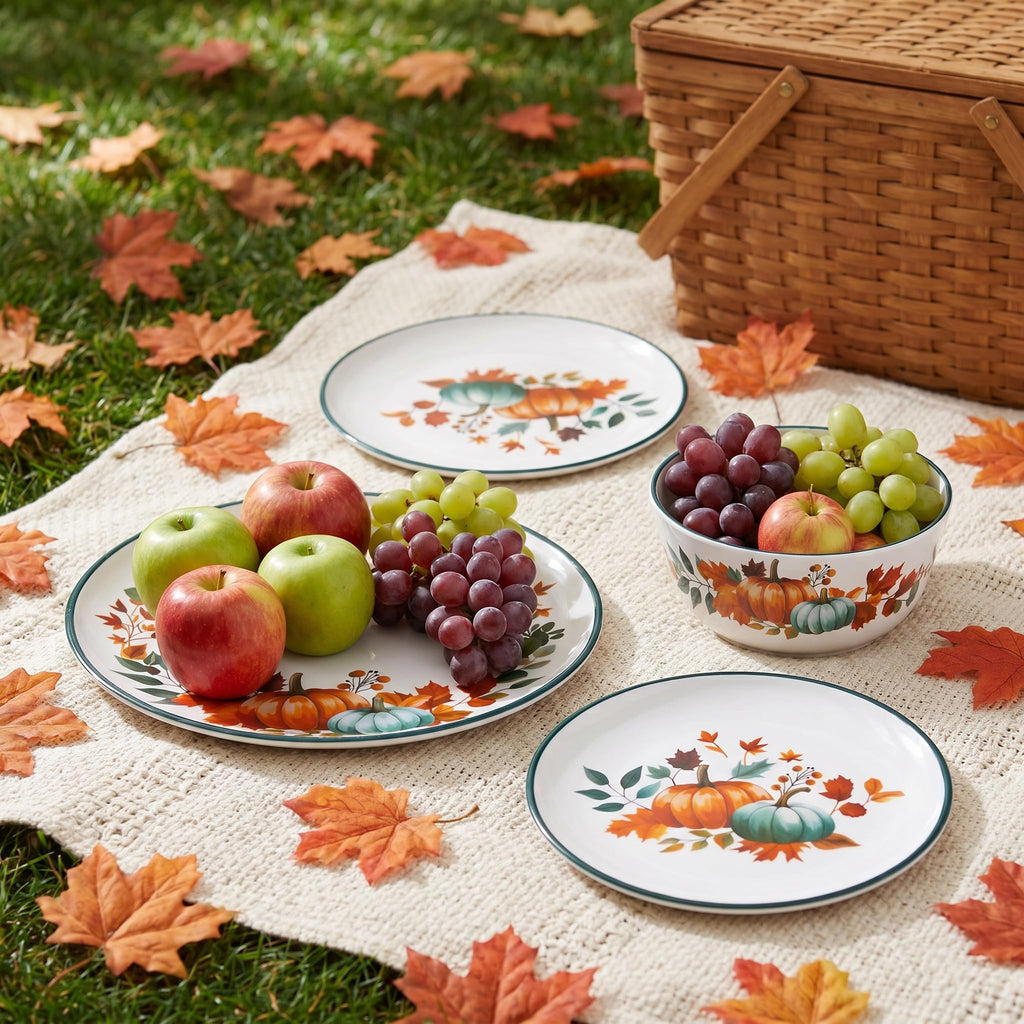 12-Piece Melamine Dinnerware Set for 4, Fall Pumpkin Plates and Bowls