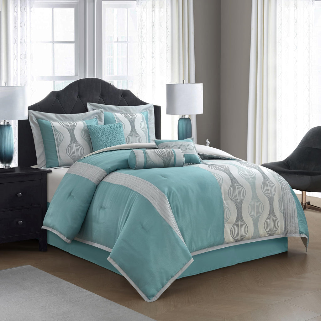 7 Piece Blue Comforter Set, King Size Jacquard Bedding Set, All Season Geometric Patchwork Bedding Set, Matching