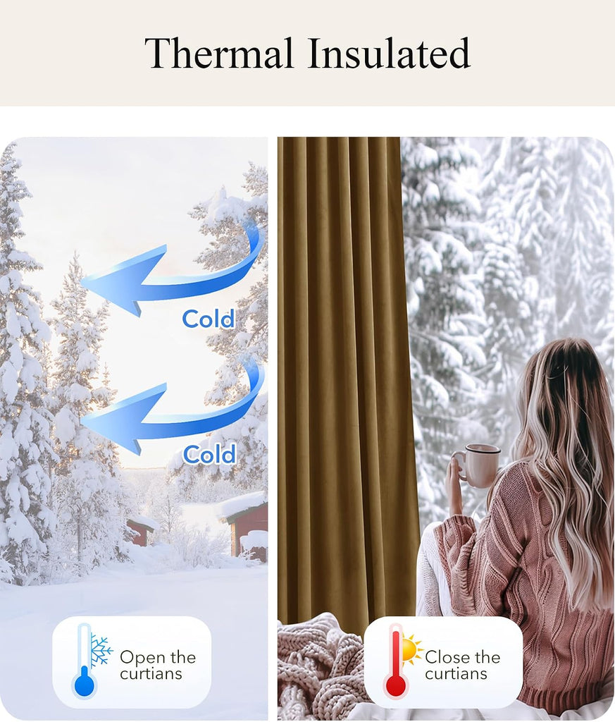 Pinch Pleated Curtains, Luxury Gold Brown Velvet Bedroom Curtains with Adjustable Hooks Back Tab Thermal Insulated