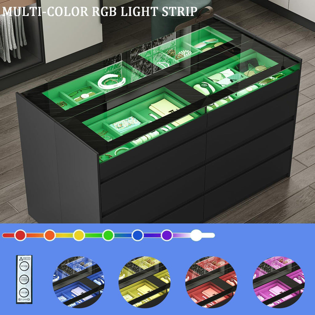 16 Drawer Closet Island with Glass Top & LED Light, Black