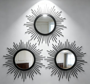 Black Sunburst Mirror Set of 3, 3PCS Metal Round Decorative Wall Mirrors, Starburst Accent Mirror Wall Decor