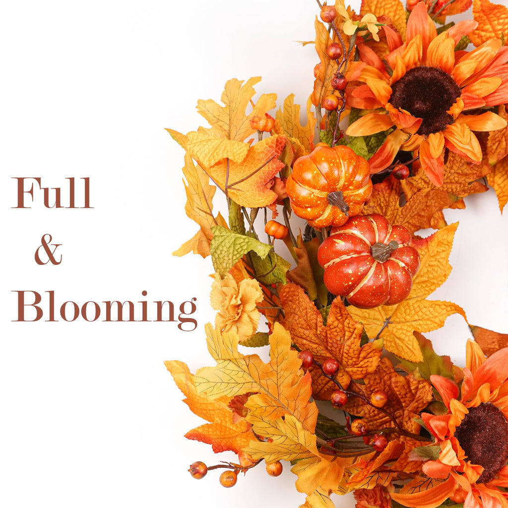 Fall Wreaths for Front Door 22 Inch, Autumn Wreath with Berry Pumpkin, Maple Leaves, Thanksgiving Harvest Festival