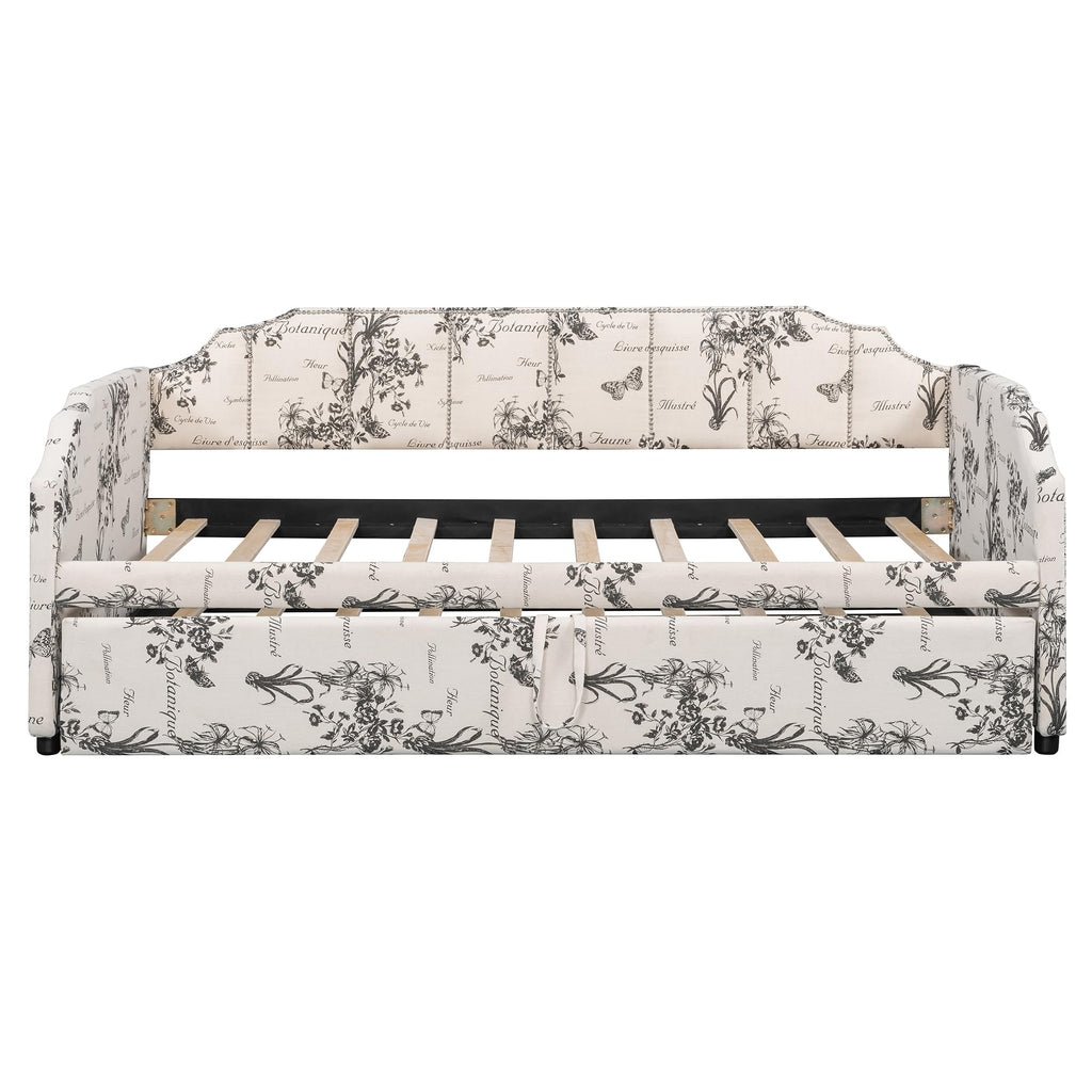 Twin Size Daybed with Trundle, Linen Upholstered Extendable Sofa Bed Frame with USB Ports, Space-Saving Twin to King