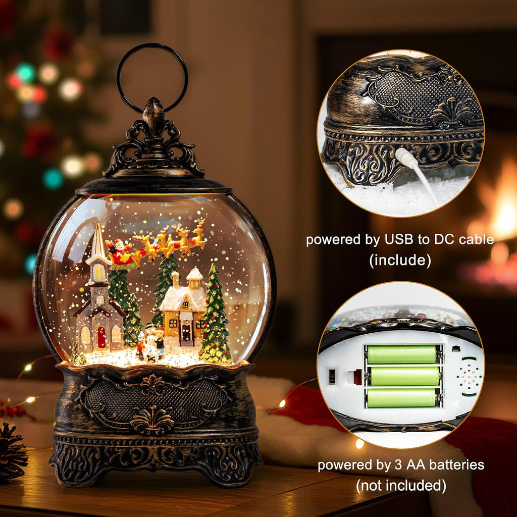 Christmas Snow Globes Lantern Snow Globe with Music Water Lantern Santa Flying Scene Elk Lighted Swirling Water