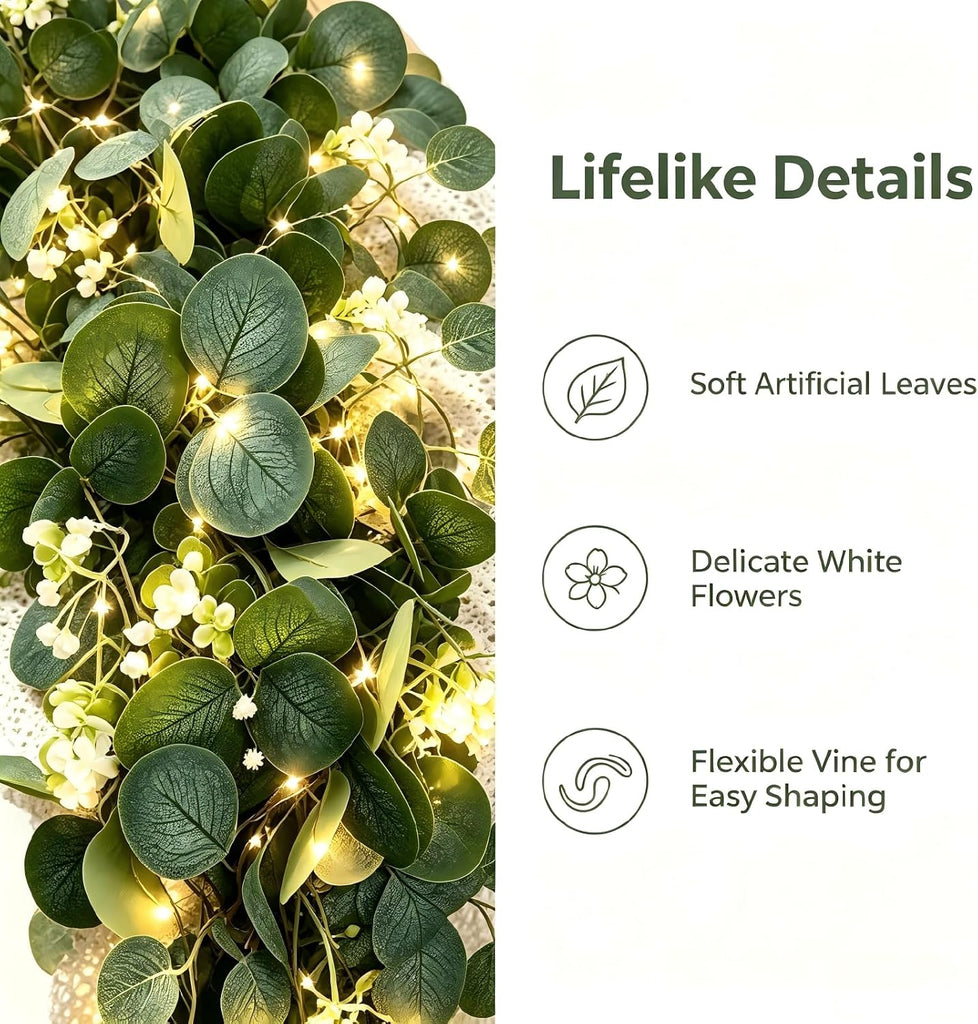 Eucalyptus Garland with Lights, 4 Packs 6FT Artificial Lighted Garland, Spring Summer Green Faux Garlands Outdoor