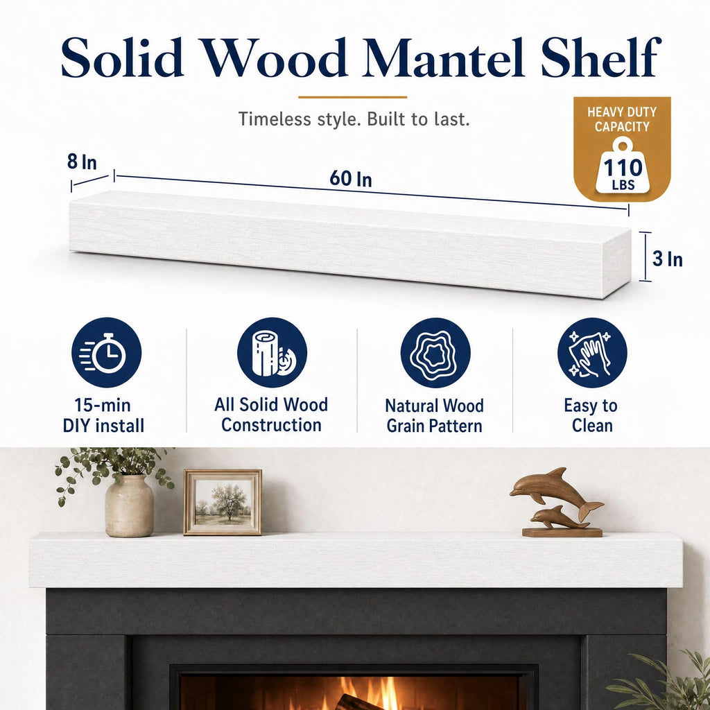 60 Inch Solid Wood Fireplace Mantel Shelf, Classic White