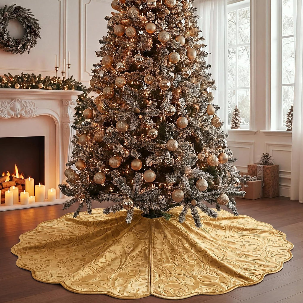 Velvet Christmas Tree Skirt Decor, 60 Inches, Scalloped Edge, Gold