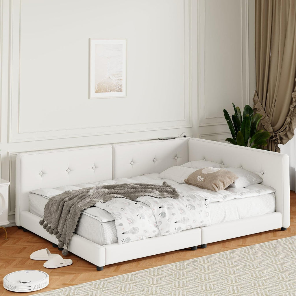 Queen Size Modern Upholstered Platform Bed with USB Ports, Floor Daybed with Wood Slat Support/Queen,Beige