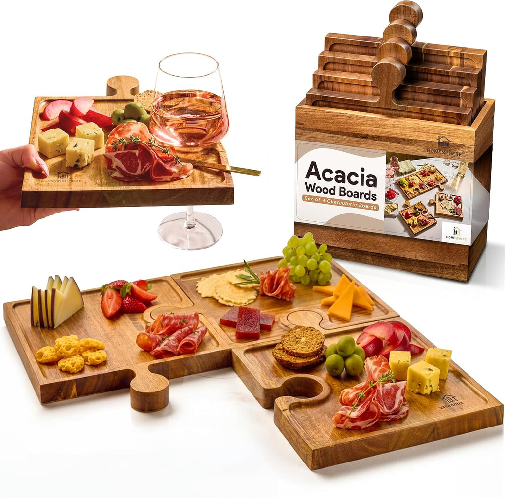 Wooden Charcuterie Boards, Appetizer Tray for Parties & Cutting Board with Handle, Set of 4, Acacia Wood Board, Wine
