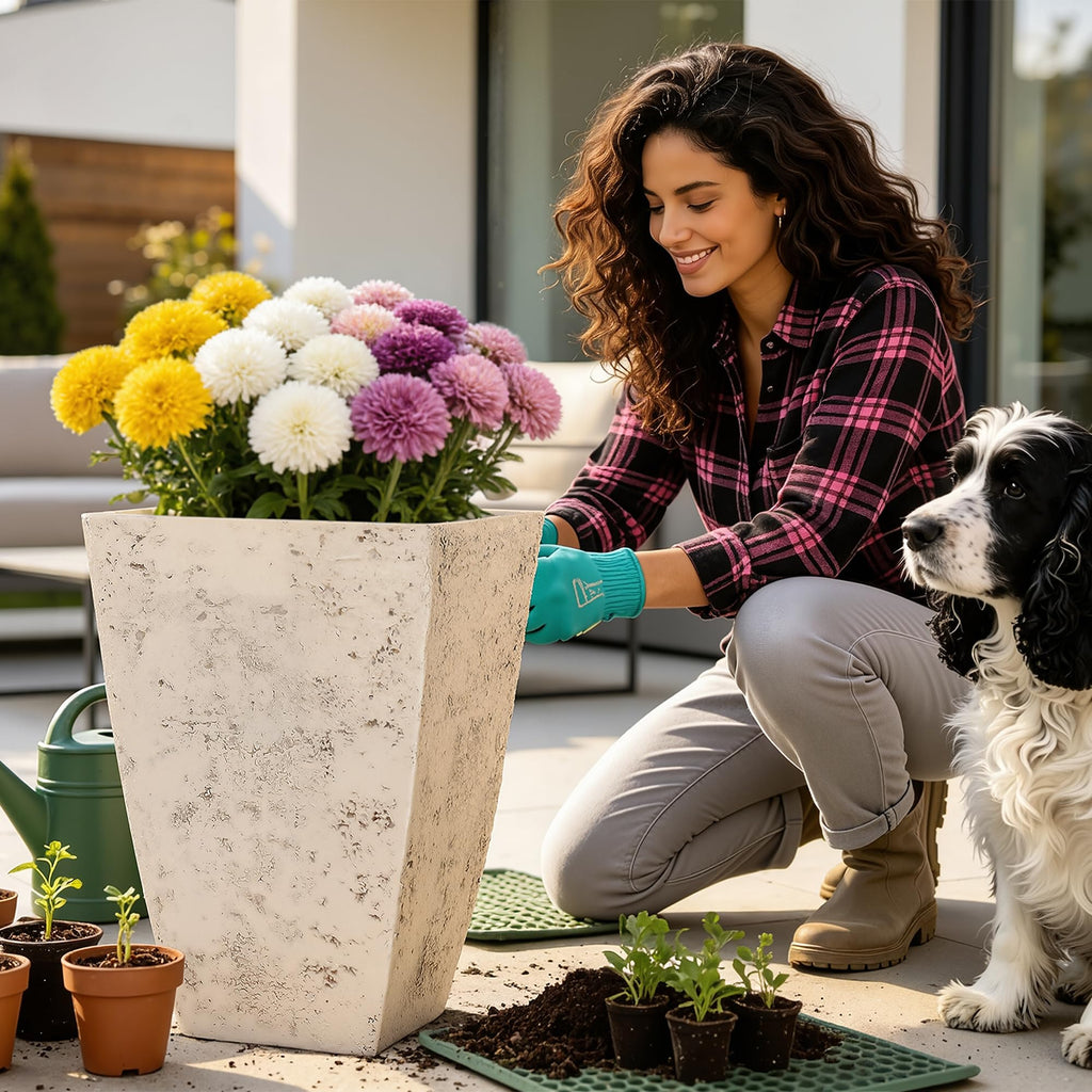 Autodaya Resin 19" Tall Planters Set of 2 Plant Pots, Country White Square