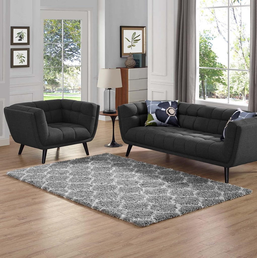 Solvea Moroccan Trellis High Pile Shag 5x8 Area Rug With Lattice Design in Gray and Ivory