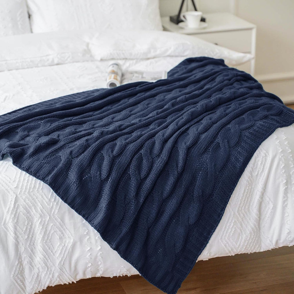 Navy Cable Knit Throw Blankets, Super Soft Warm Cozy Decorative Knitted Throw Blanket, Chair 50"x60"