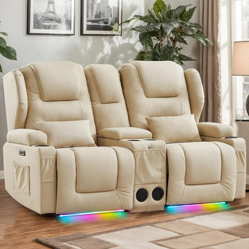 RV Power Loveseat Recliner Sofa, Leathaire Fabric Wall Hugger Reclining Loveseat with Console and Cup Holders