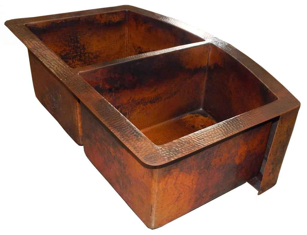 Rounded Apron Front Farmhouse Kitchen Double Bowl Mexican Copper Sink 50/50