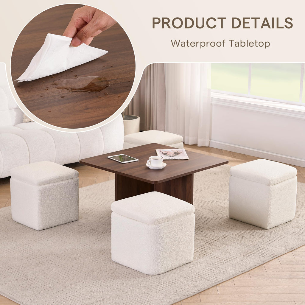 Square Coffee Table with Storage Ottomans, Beige