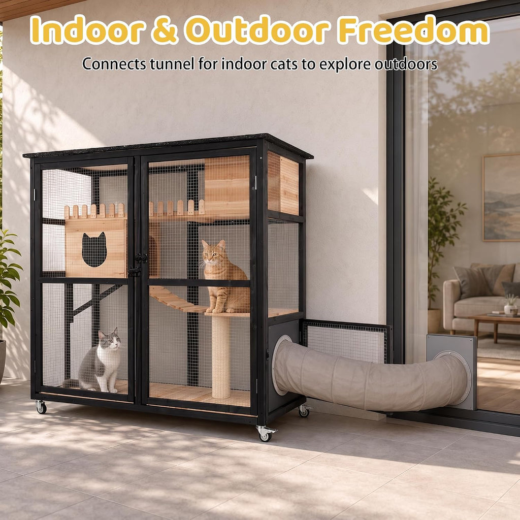 Cat Catio Outdoor Cat Enclosure, Multi-Level Wooden Cat House with Wheels