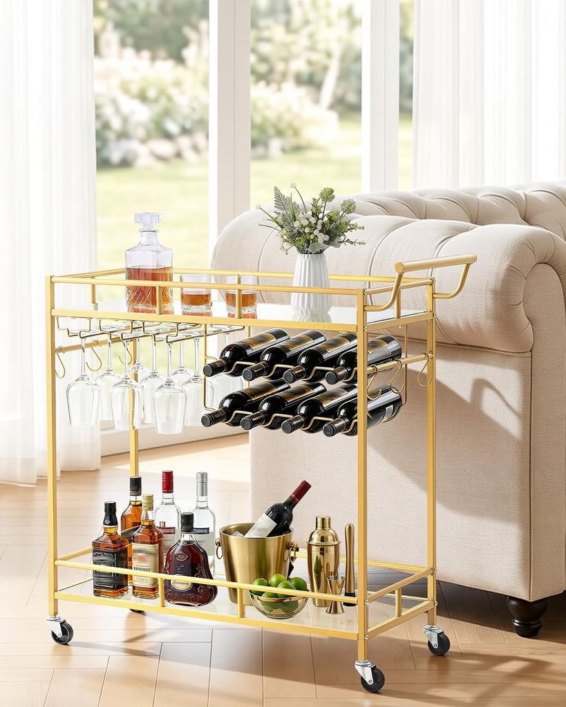 Bar Cart, 2 Tiers Home Kitchen Serving Carts, Modern Rolling Utility Station on Wheels, Drink Beverage Trolley with