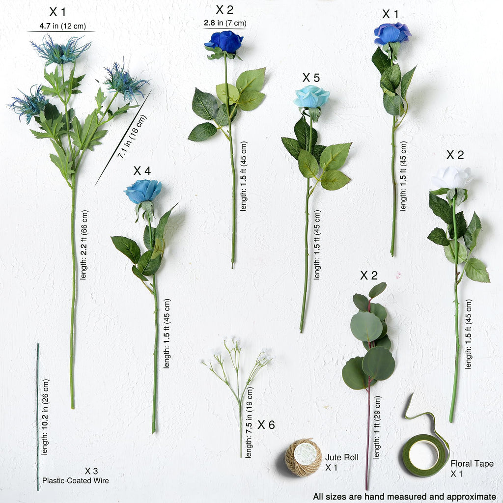 Artificial Blue and White Rose Bridal Bouquet - Real Touch Wedding Flowers with Eucalyptus, Baby's Breath & Thistles