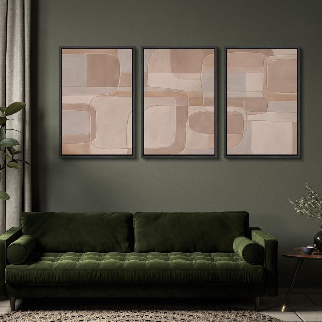 Framed Canvas Print Wall Art Set Soft Neutral Geometric Abstract Illustrations Modern Art Relax/Calm - 16"x24"x3 BLACK