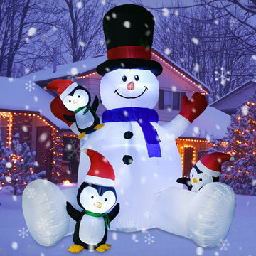 7Ft Lighted Christmas Inflatable Snowman with Three Cute Penguins Build-in LED Lights, Holiday Blow up Outdoor Yard