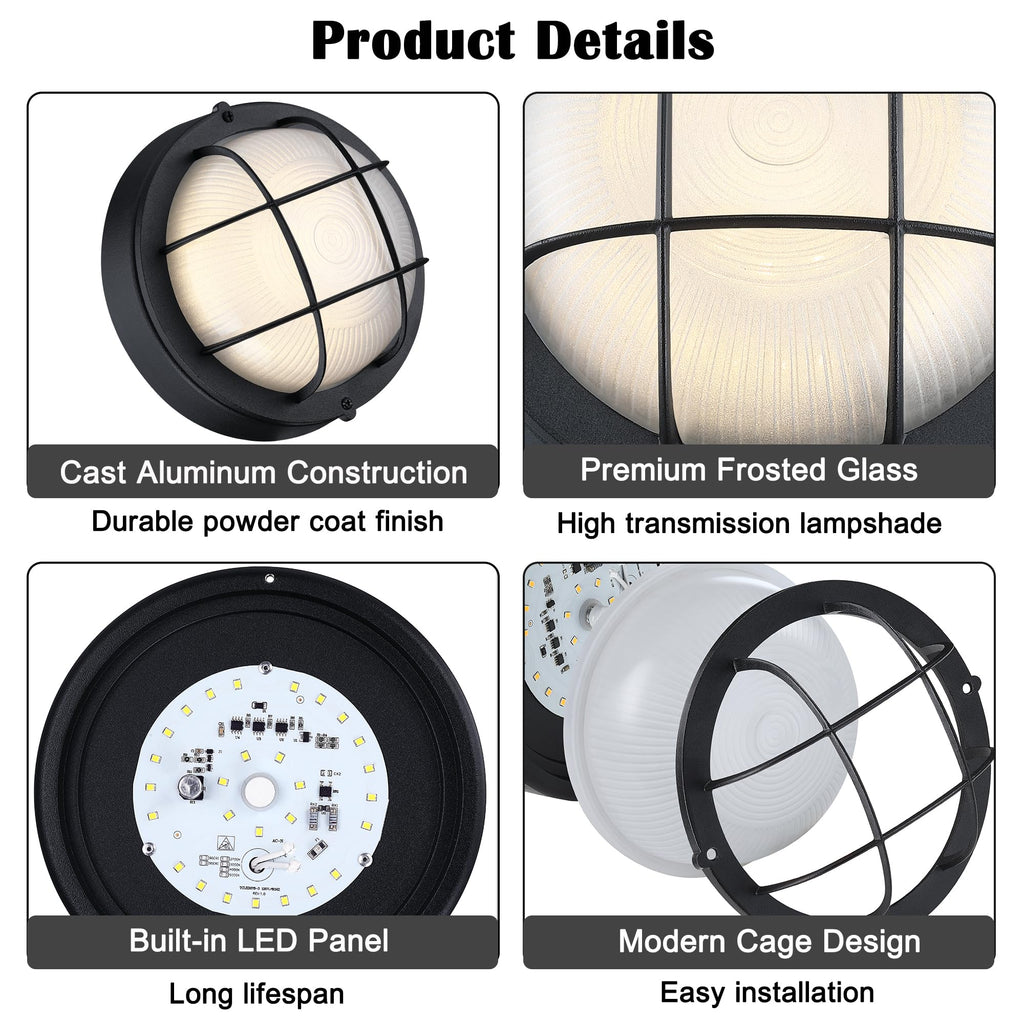 Outdoor LED Bulkhead Light, Aluminum, Round 3000K Black 2 Pack