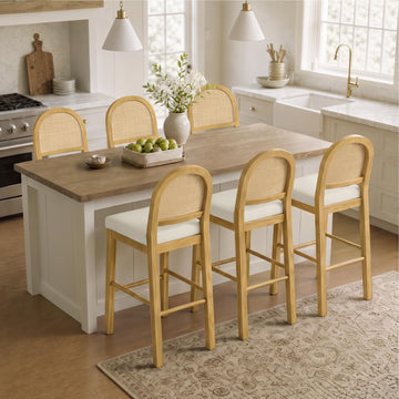 Upholstered Rattan Bar Stools, 30'' Bar Height, Set of 6, Natural