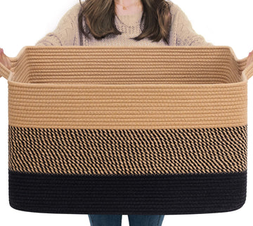 75L Large Woven Blanket Basket, 22" x 17" x 12", Black & Jute