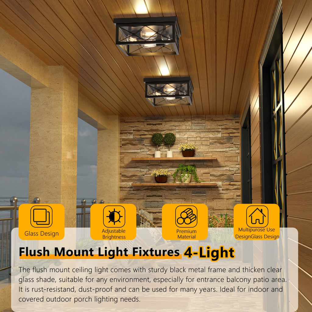 12" Square Flush Mount Ceiling Light with Clear Glass Shade, 4-Light Farmhouse Outdoor Porch Ceiling Light Fixtures