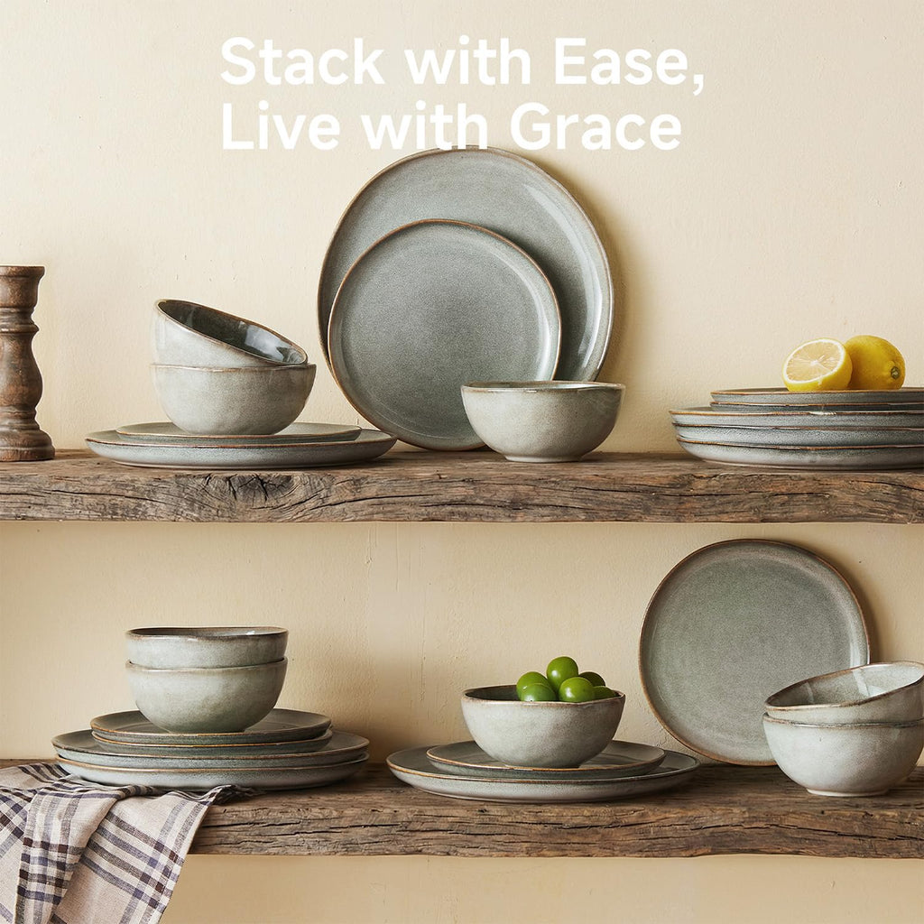 Stoneware Dinnerware Sets for 6, Reactive Glaze Plates and Bowls, Grey