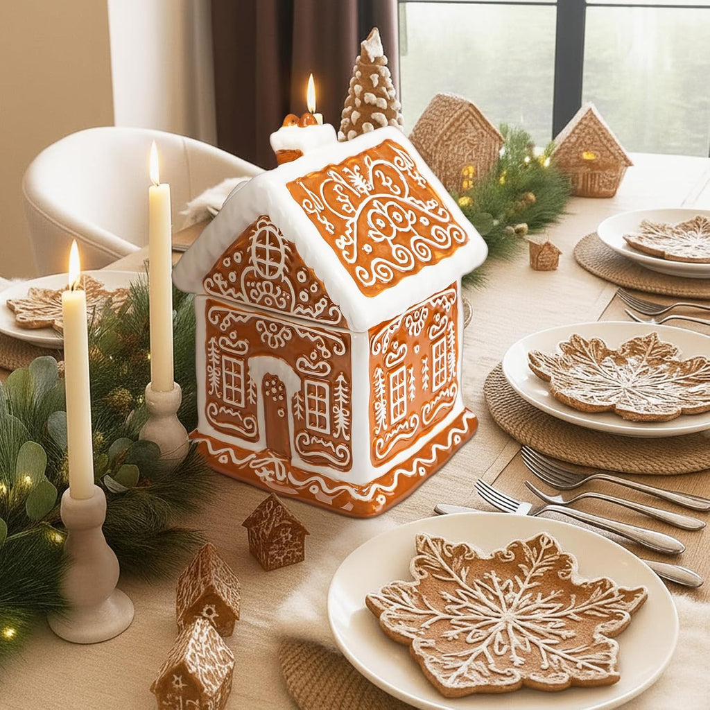 Gingerbread House Christmas Candy Jar with Lid 9.3 Inch Ceramic Christmas Cookie Jar Decorative Treats Storage