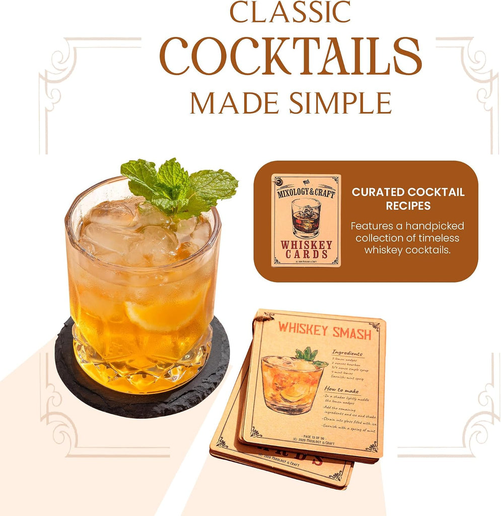 Crystal Whiskey Decanter Set 24oz With Glasses & Chilling Stones - Features Stainless Steel Whiskey Balls, Slate