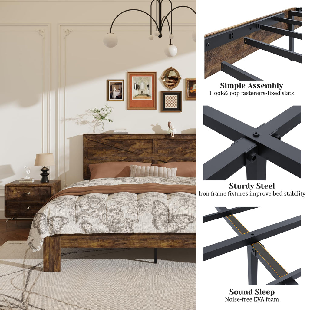 Wood Bed Frame with Farmhouse Headboard, Brown