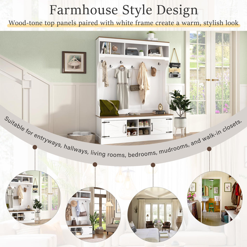 71''H Farmhouse Hall Tree with Bench and Shoe Storage, White