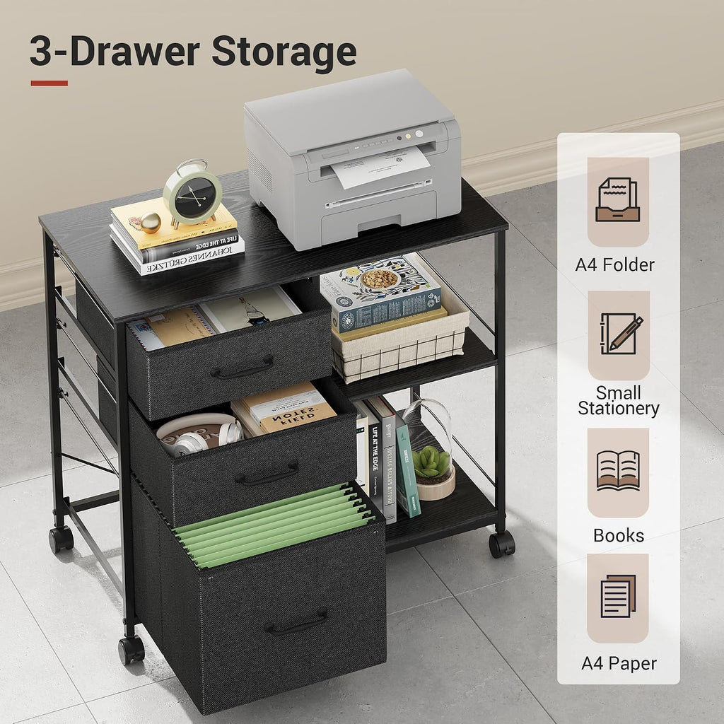 3 Drawer Mobile File Cabinet with Open Storage Shelf | Rolling Printer Stand, Fabric Lateral Filing Cabinet fits A4