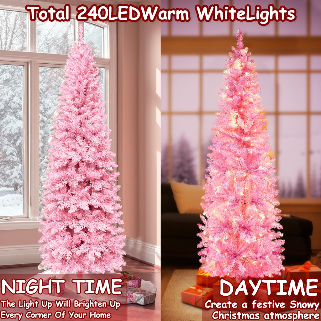 6Ft Prelit Artificial Slim Pink Christmas Tree, 240 LED Warm Lights