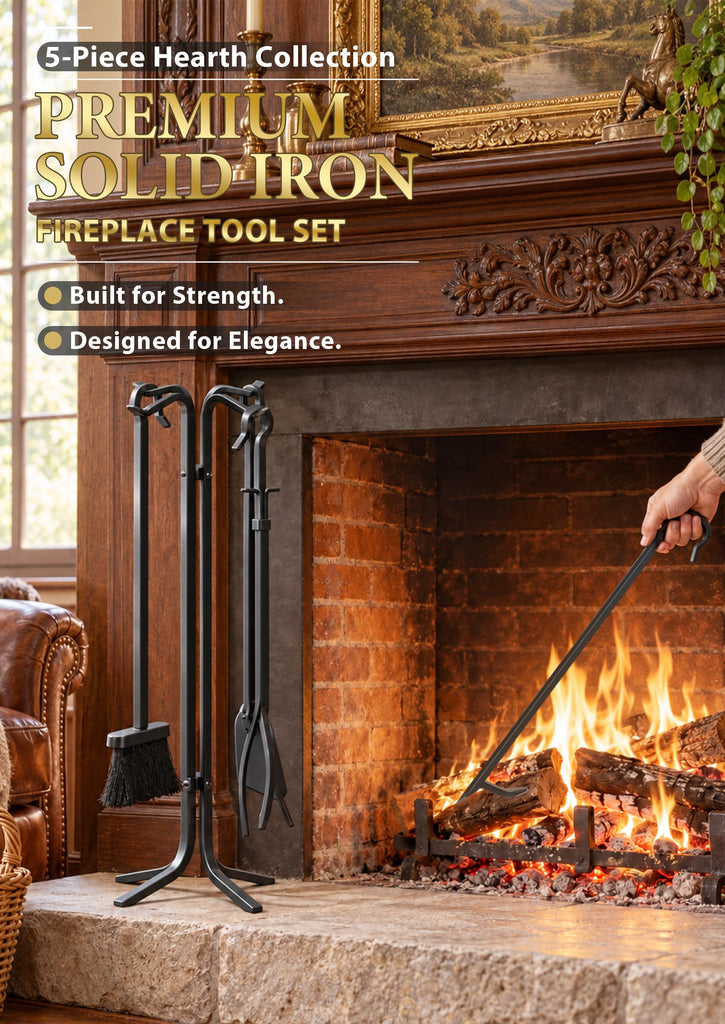 Hand Forged Fireplace Tool Set with Stand, Wrought Iron 5 Piece 28 Inch Steel Fire Tools, Poker Tongs Shovel Brush