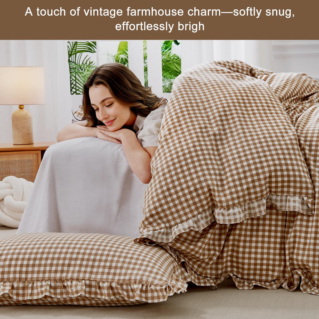 Ruffle Gingham Duvet Cover Brown/White, 100% Cotton