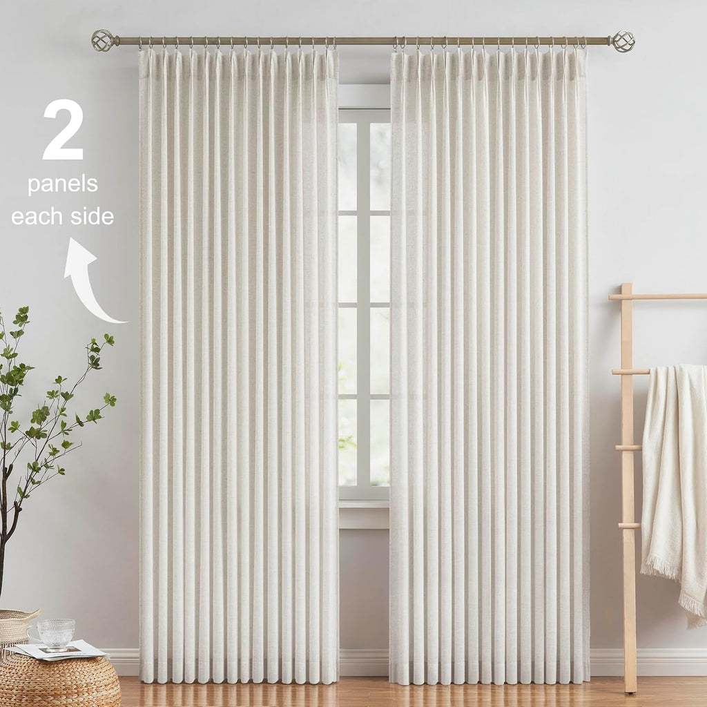 Natural Pinch Pleated Semi Sheer Curtains Textured Linen Blended Light Filtering Window Curtains 90 inch for Living