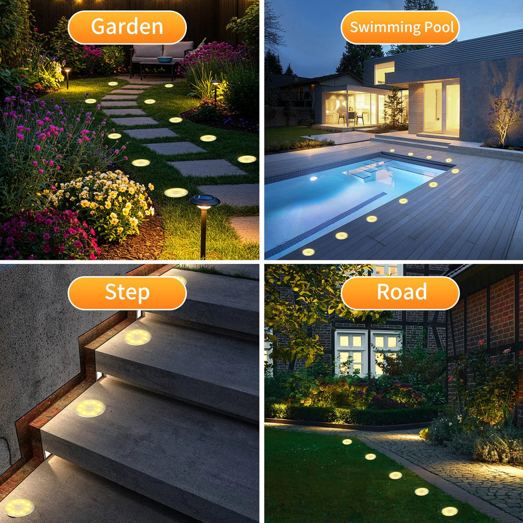 Ground Lights 12 Pack, IP68 Waterproof Solar Disc Lights for Outdoor, Flat Garden Light, In-Ground Light, Landscape