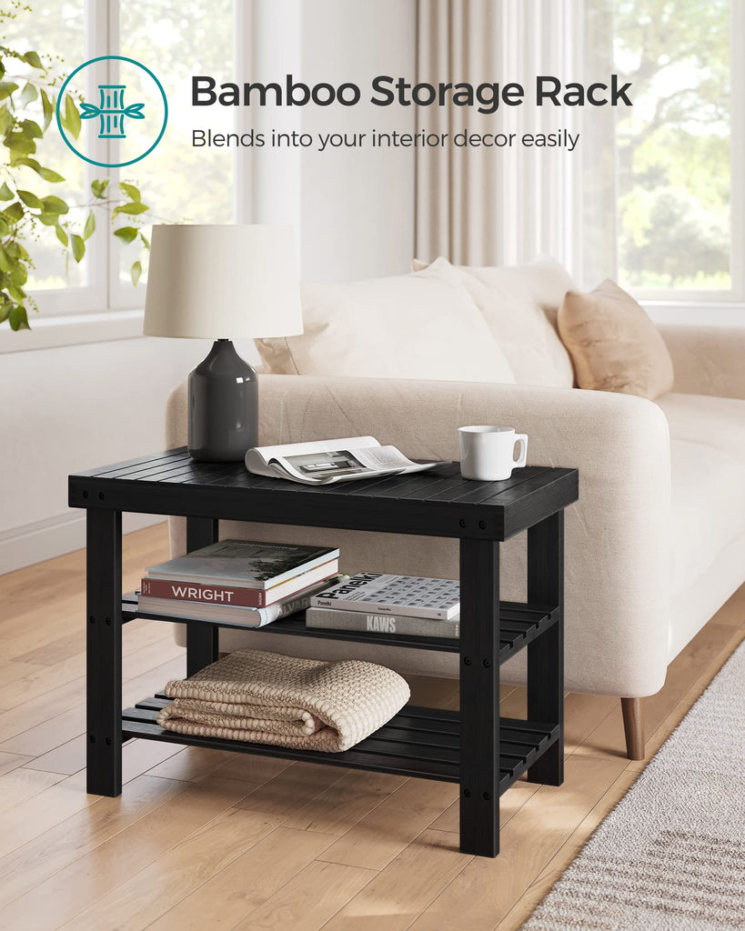Shoe Rack Bench, 3-Tier Bamboo Entryway Bench, 27.6 Inches Width