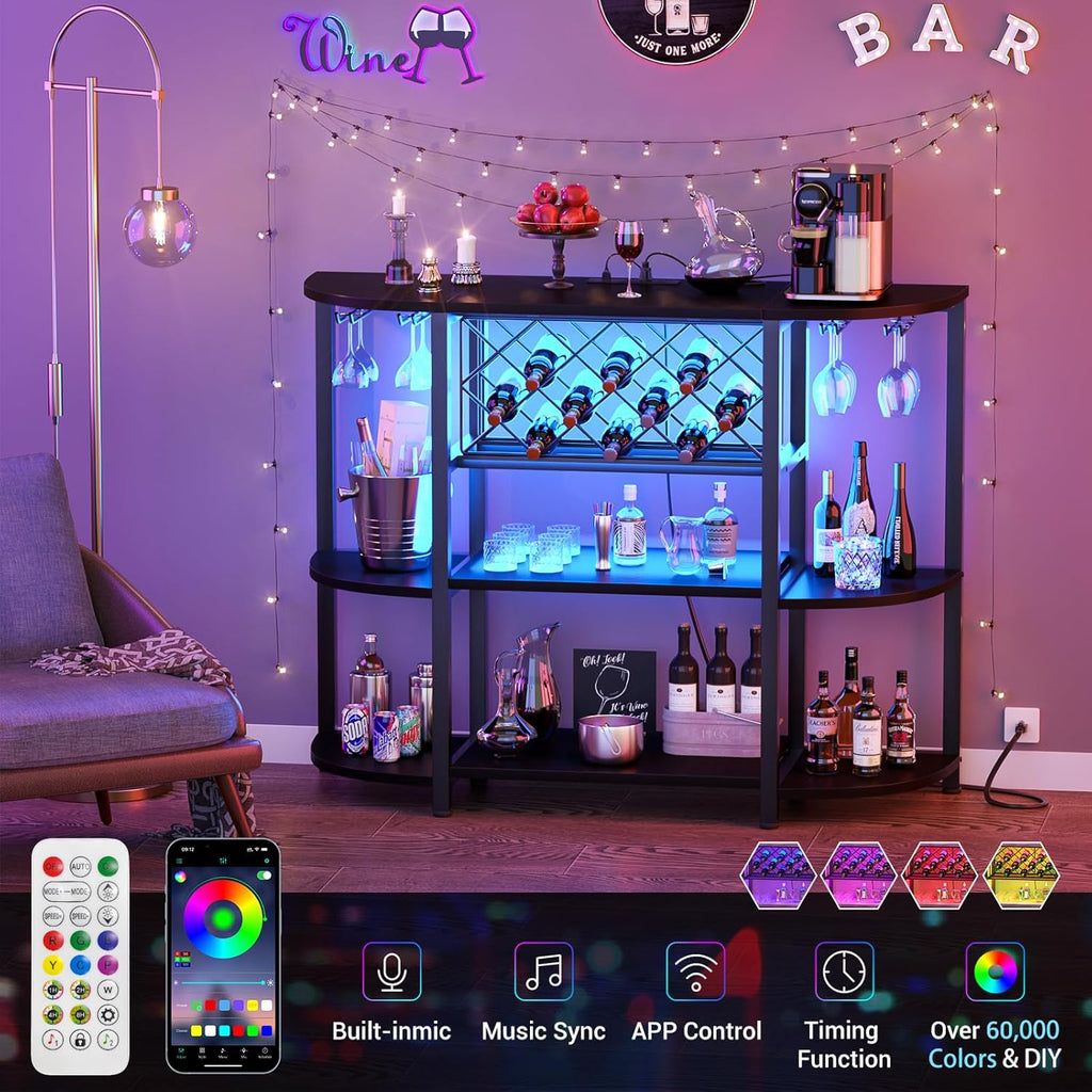 4-Tier Metal Coffee Bar Cabinet with Outlet and LED Light | Freestanding Floor Bar Table, Liquor with Glass Holder