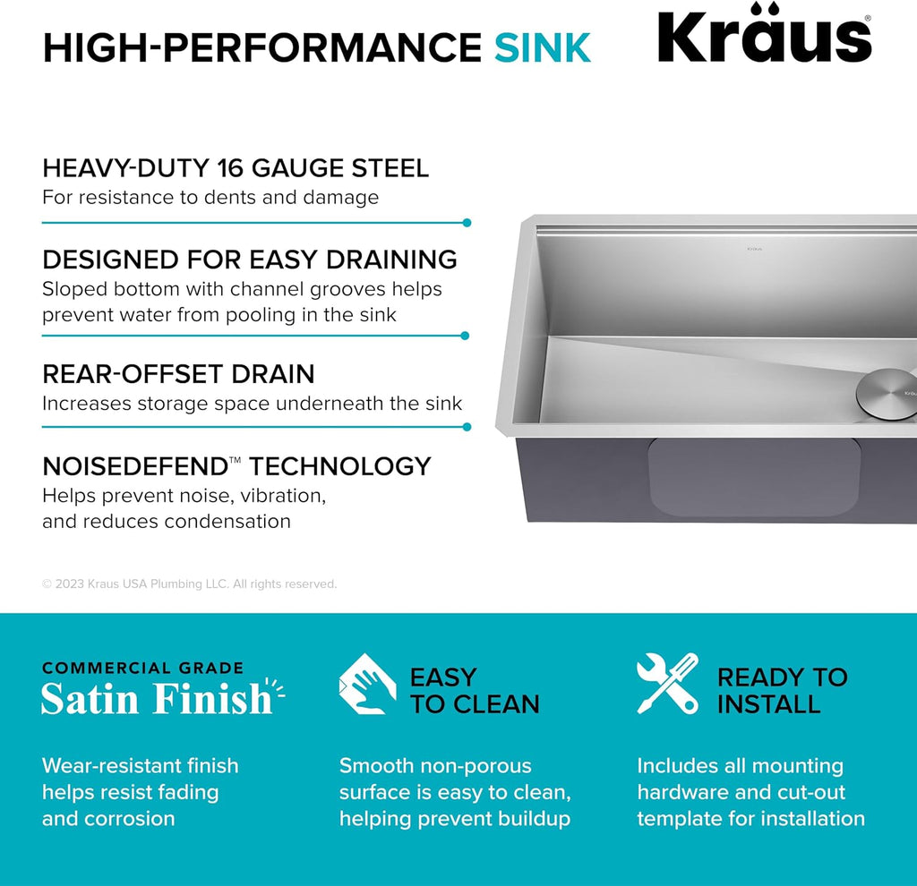 Stainless Steel 30 in Undermount Kitchen Sink KWU110-30 | 16-gauge TRU16 steel, integrated ledge for accessories