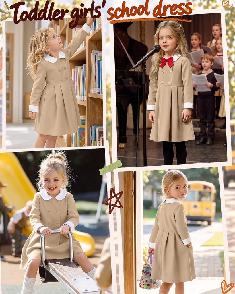Girls' Long Sleeve School Uniform Pleated Dress