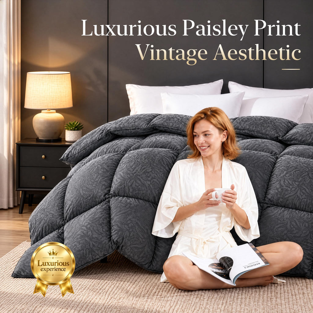 Goose Feather Comforter, Duvet Insert, Ultra-Soft 100% Cotton Shell with Paisley Print (All Season, Black, Twin)