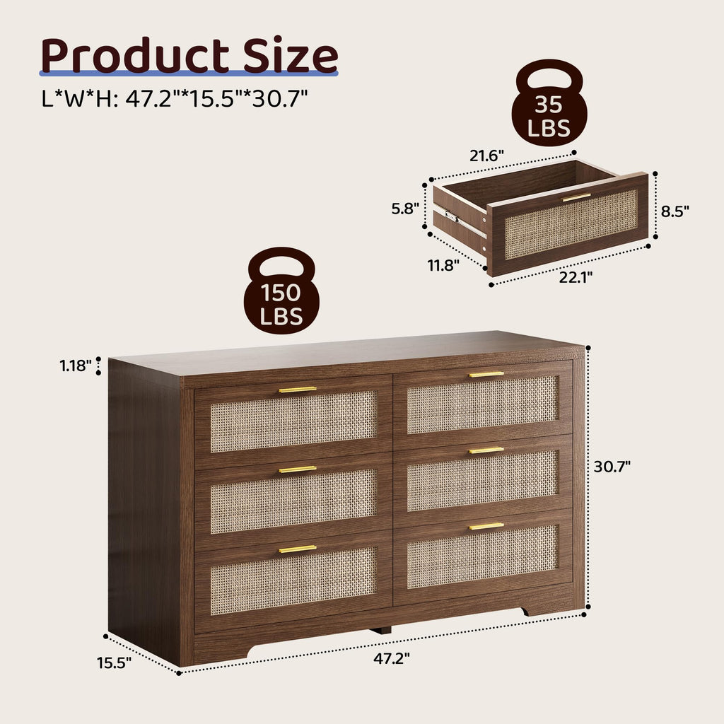 6 Drawer Rattan Dresser, Boho 47.2" Wide Wooden Chest of Drawers, Dresser TV Stand with Metal Handle, Large Storage