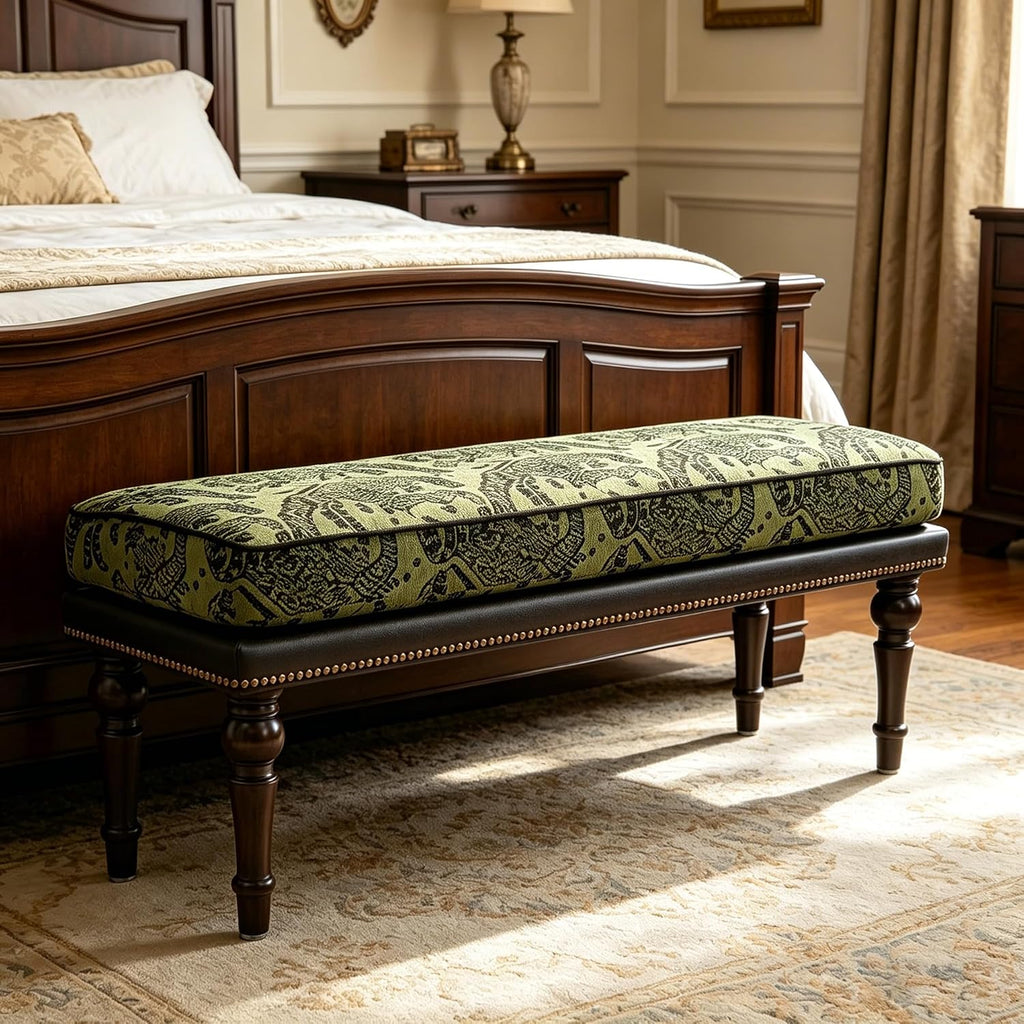 47" Upholstered Bed End Bench , Vintage Bed Bench | Vintage Solid Wood Bench with Detachable Washable Cover, Pattern